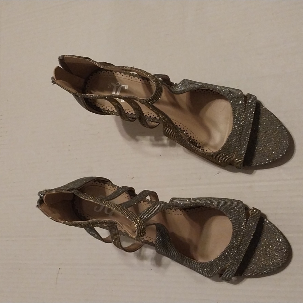 JG sparkly scrappy womens gold shoe sandals heel open toe sz 9 preowned Heel 3.5